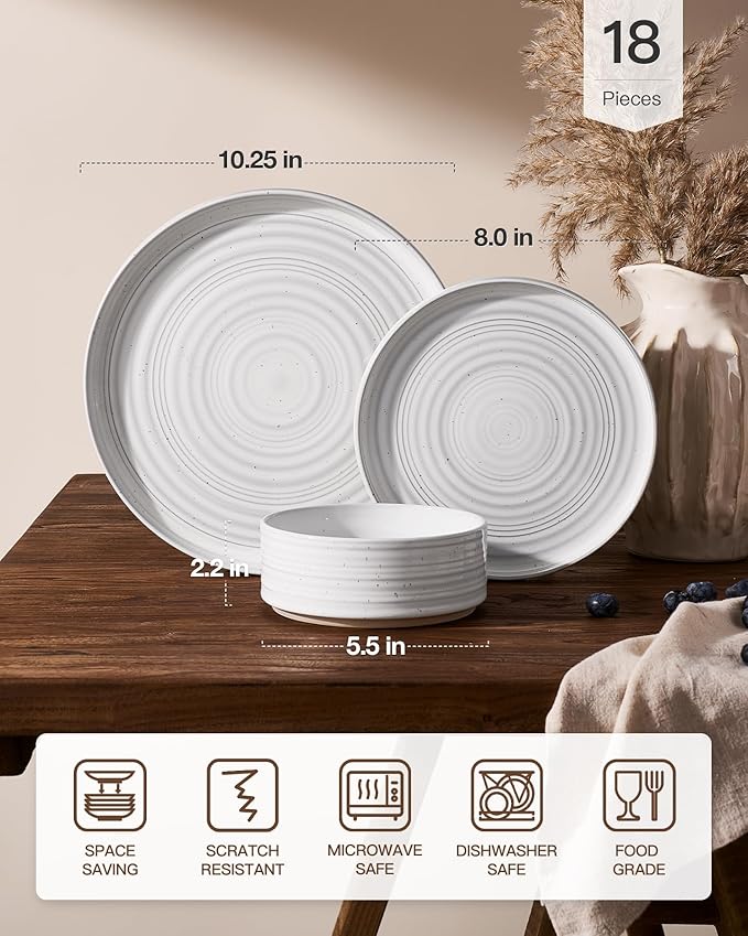 Plates and Bowls Sets for 6 (18-Piece) Stoneware Reactive Glaze Dinnerware with Speckles &amp Spirals Chip and Scratch Resistant Straight Dishes Set with Gift Box Microwave Dishwasher Safe White