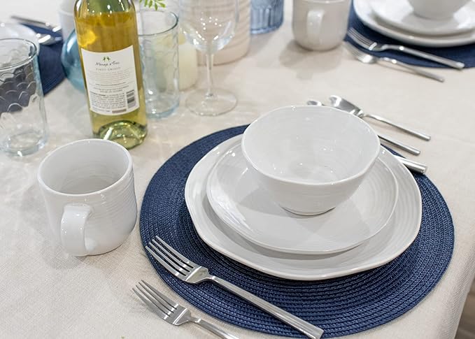 Elanze Designs Reactive Glaze Farmhouse Rustic Boho Ceramic Stoneware Dinnerware 16 Piece Plate Bowl Mug Dish Set - Service for 4 Classic White