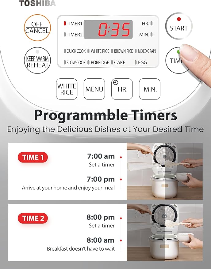 Toshiba Mini Rice Cooker 3 Cups Uncooked Small Rice Cooker Steamer &amp Warmer With Fuzzy Logic And One-Touch Cooking 24 Hour Delay Timer And Auto Keep Warm Feature White