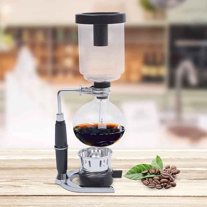 3-Cup Siphon Coffee Maker Japanese Style Glass Vacuum Pot with Alcohol Burner 360ml Tabletop Brewer for Premium Coffee &amp Tea Transparent Brewing Experience-Black
