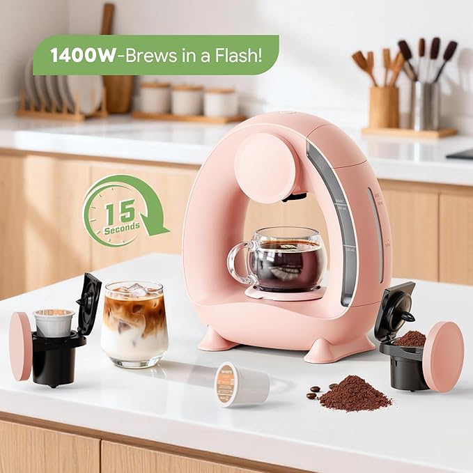 BENFUCHEN Pod and Grounds Single-Serve Coffee Maker 2 in 1 One Cup Coffee Machine Compatible with K-Cup Pod &amp Coffee Grounds/Tea Compact Design 4-8oz Pink