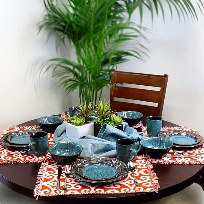 16 Piece Casual Coastal Themed All Seasons Durable Stoneware Blue Dinnerware Set Dishwasher Safe Exotic Look Vibrant Colors Round Dinner Plates Salad Plates Cereals Bowls Tea Mugsdinnerware Set for 4