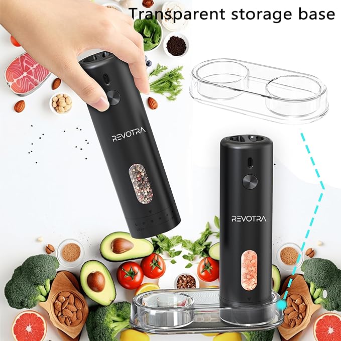 Electric Salt and Pepper Grinder Set Rechargeable Automatic Salt and Pepper Shakers with 6 Adjustable Coarseness Christmas Gift Larger Capacity LED Light One-Handed Operation 2 Packs