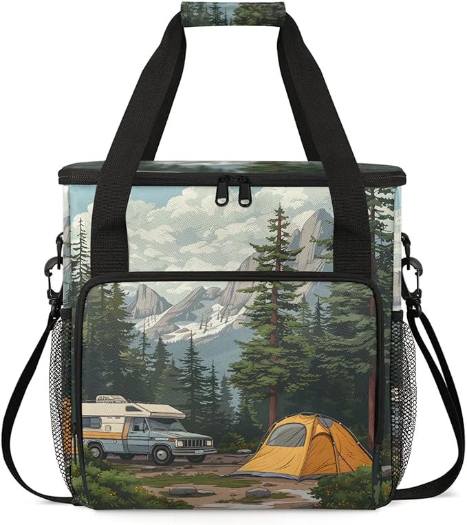 Camping Forest Coffee Maker Travel Bag for Keurig K-Mini/K-Mini Plus Insulated Waterproof Tote with Pockets for K-Cup Portable Single-Serve Brewer Case
