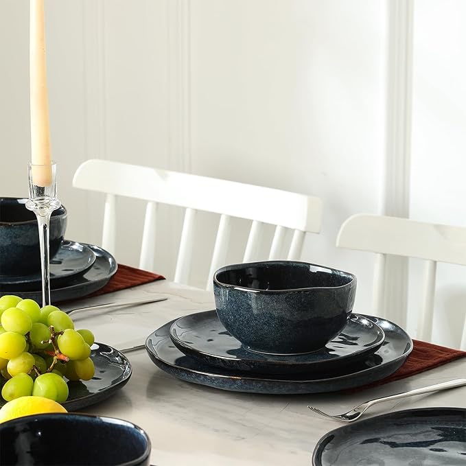 Stone Lain Mirella 24-Piece Stoneware Dinnerware Set Service for 8 – Reactive Glaze Deep Blue – Includes Dinner Plates Salad Plates and Bowls – Modern Organic Design