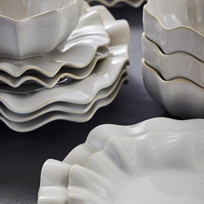 Marchesa Lotus 12-Piece Dinnerware Set Stoneware Plates and Bowls Set Dishwasher and Microwave Safe Dish Set for 4 White