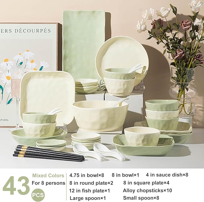 43/57 Pieces Bowls and Plates Set Cream Style Dinner Set Stackable Dishes Sets Dishwasher Safe Dinnerware Sets Easy to Heat Microwave and Oven Safe Two Colors Mix and Match Service for 8/10 Peoples(43