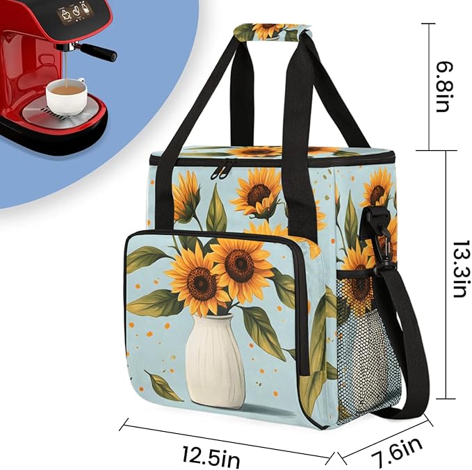 Sunflowers Vase Coffee Maker Travel Bag for Keurig K-Mini/K-Mini Plus Insulated Waterproof Tote with Pockets for K-Cup Portable Single-Serve Brewer Case