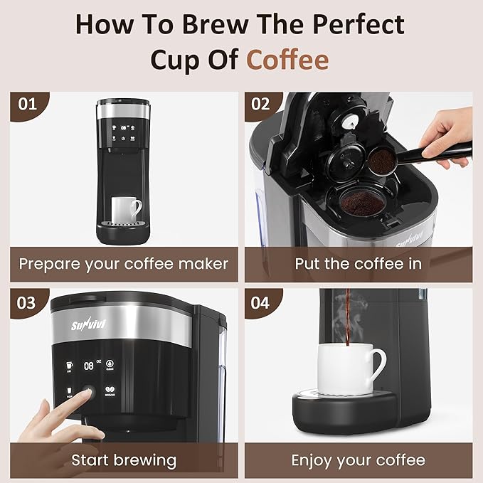 SUNVIVI 3-in-1 Single Serve Coffee MachineBrewer for K-Cup Pods Ground Coffee and Teas Brew Sizes 8 to 14oz 30oz Removable Water Reservoir 2 Cup Trays Self-Cleaning Function - Black
