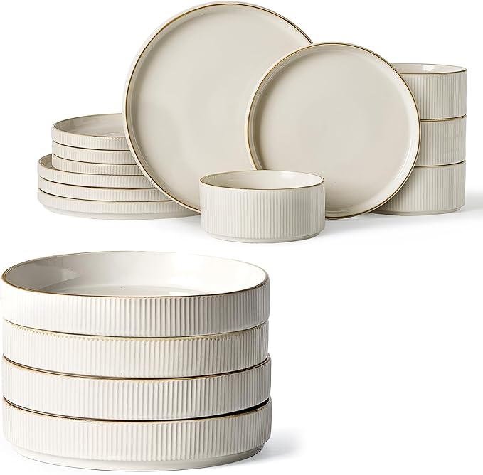 Famiware Star Dinnerware Set with Plates and Bowls Service for 4 (16-Piece) Stoneware Kitchen Dishes Dinner Sets - Vanilla White