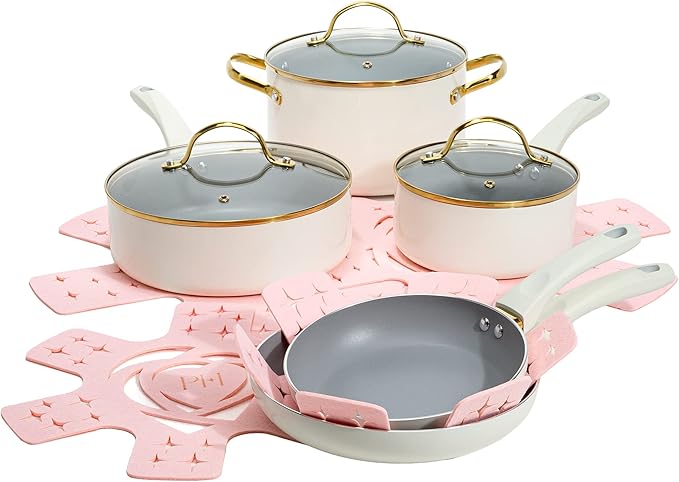 Paris Hilton 12-Piece Pink Nonstick Pots and Pans Set Multi-layer Nonstick Coating Tempered Glass Lids Soft Touch Stay Cool Handles Made without PFOA Dishwasher Safe Cookware Set