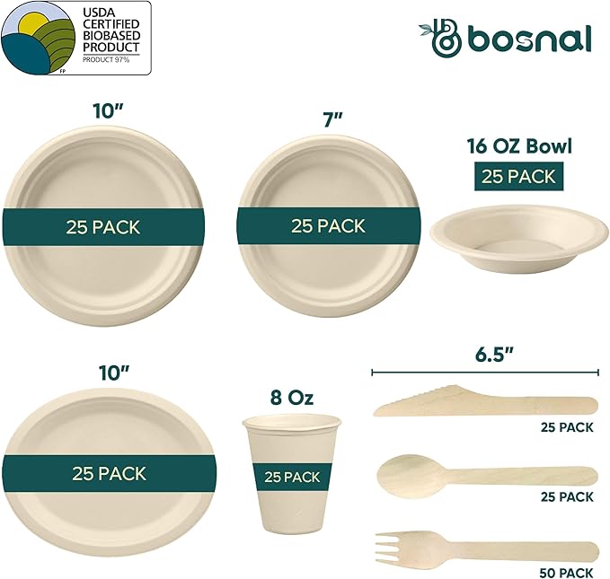 BOSNAL 10 inch &amp 7 inch Round Plates 10 inch Oval Plates 16 oz Bowls &amp 8 oz Cups with Lids &amp Cutlery – 100% Plant-Based Bagasse Eco-Friendly Compostable Microwave Safe Durable Dinner
