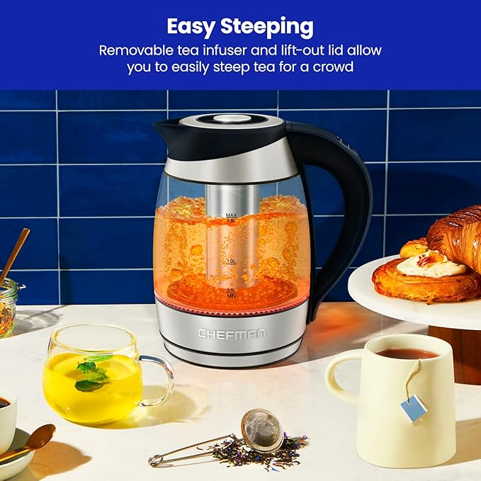 Chefman 2-Slice Digital Toaster Pop-Up Stainless Steel Extra-Wide Slots For Bagels Defrost &amp Electric Kettle with Temperature Control 5 Presets LED Indicator Lights