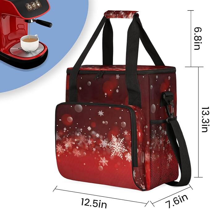 Xmas Snowflakes Coffee Maker Carrying Bag Portable Travel Storage Tote Bag Compatible with K-Mini or K-Mini Plus Single Serve Coffee Brewer Carrying Case with Multiple Pockets &amp Shoulder Strap