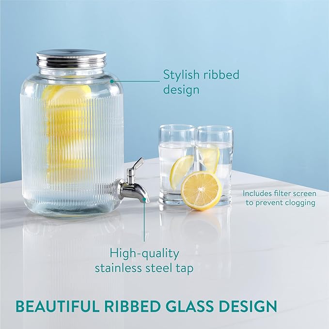 Navaris Glass Drink Dispenser with Tap - 4L (1 gal) Ripple Design Beverage Dispenser with Ice Insert &amp Fruit Infuser - for Cold Brew Coffee Cocktails Juice Water &amp other Drinks
