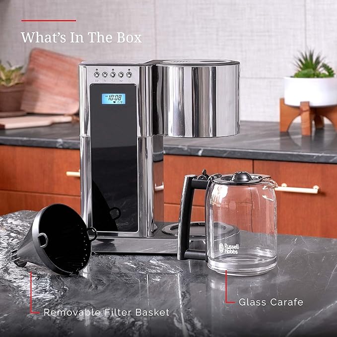 8 Cup Programmable Glass Coffee Maker – Stainless Steel &amp Black Auto Brew Timer Digital Display Home Coffee Machine