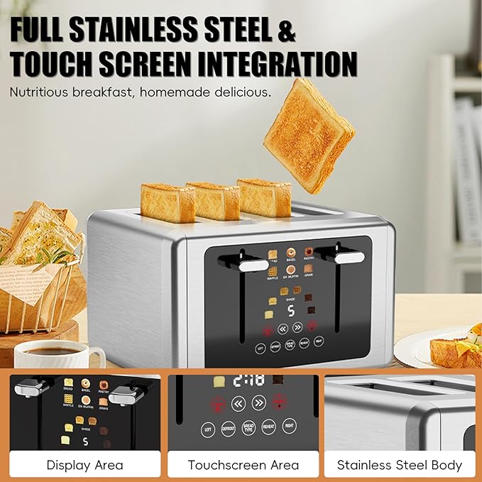 Touch screen Toaster 4 sliceSmart Digital Timer Toasters with Sound&ampScreen-Off Function 6 Bread Types &amp 6 Shade Settings 1.5''Extra Wide Slots Toast with Bagel DefrostStainless Steel