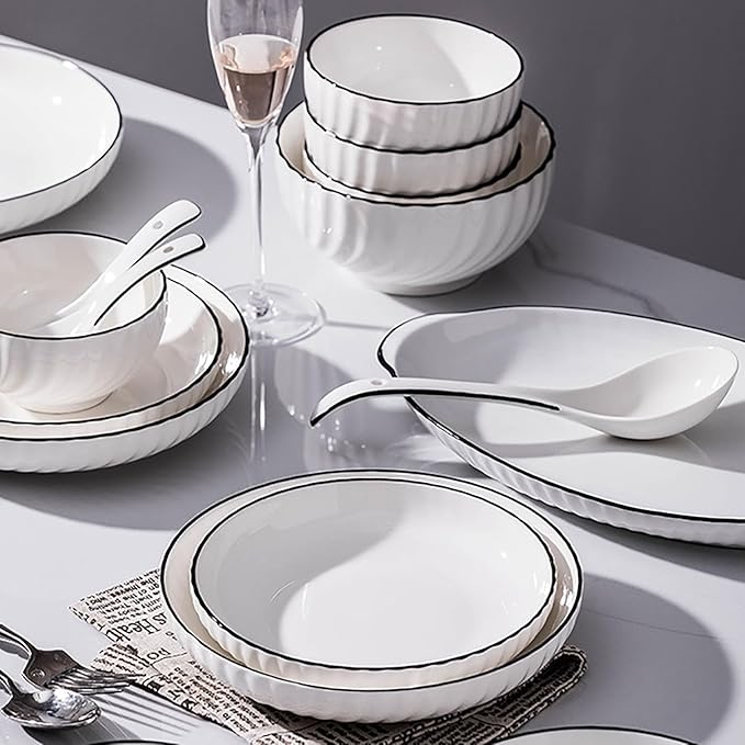37 Pieces Kitchen Dinnerware Set Simple Ceramic Dishes Set Thick and Durability Dish Plates and Bowls Sets Stackable Dishware Sets High Temperature Firing Easy to Heat Microwave and Oven Safe