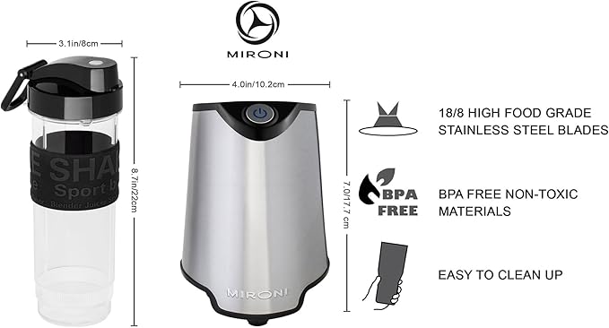 Mironi Personal Smoothie Blender 2-in-1 Single Serve Blender Mini Bullet Blender 500W With 20 Ounce Tritan Sports Bottle and Grinder Cup for Juices Shakes Smoothies and More Stainless Steel