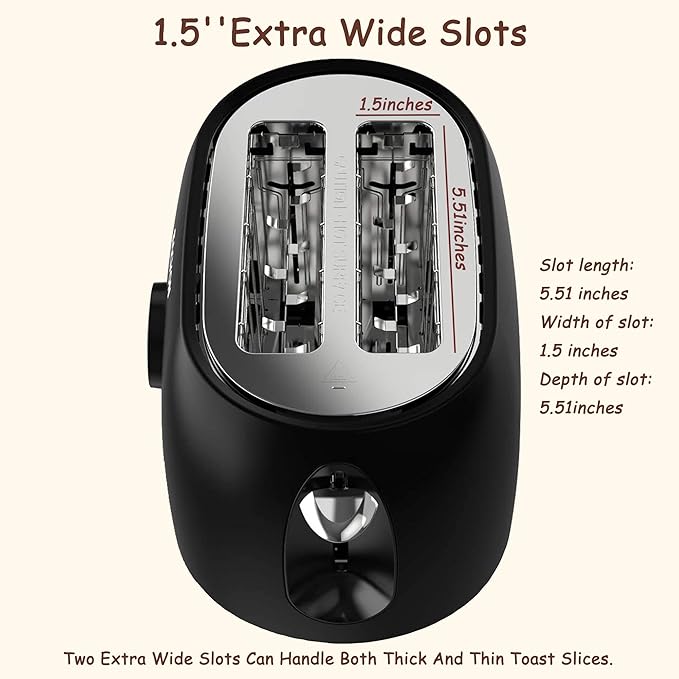 Toaster 2 SliceKOTIAN Retro Toaster1.5 Extra Wide SlotStainless Steel Toasters BagelDefrostReheatCancel Function 6 Toast Settings Digital TimerRemovable TrayMatte Black