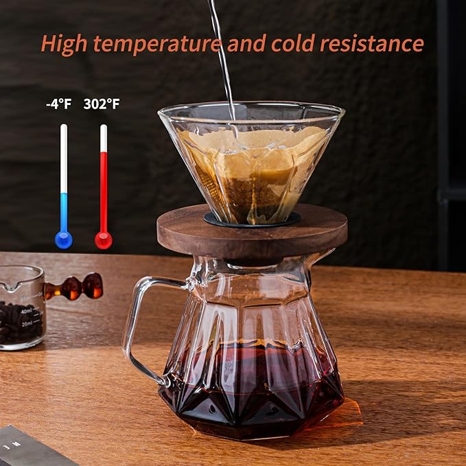 Pour Over Coffee Maker Set 21 oz/620ml Glass Pour Over Coffee Dripper Filter Coffee Maker Kit Manual Grinder with Walnut Handle for Home Office Cafe Restaurant Camping (Clear)