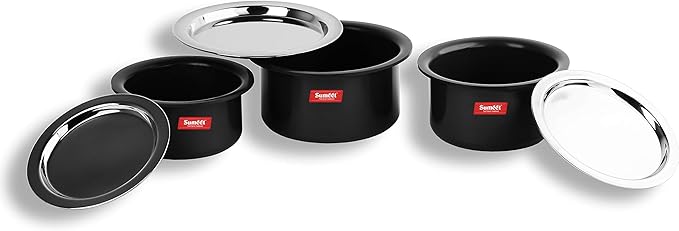 Sumeet Aluminium Cookware Set With Lid 0.9 LTR 1.4 LTR 1.8 LTR 3 Piece top 3 piece lid (Black)