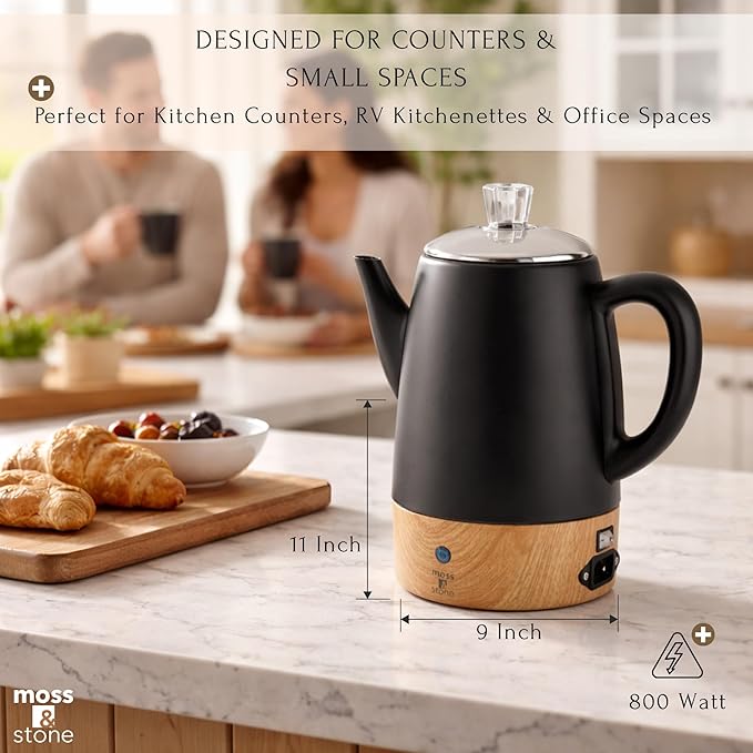 Moss &amp Stone 10 Cup Black Percolator Coffee Pot Electric Stainless Steel Coffee Percolator Electric With Keep Warm Function Classic Perculator Pot With Removable Basket for Home or Office