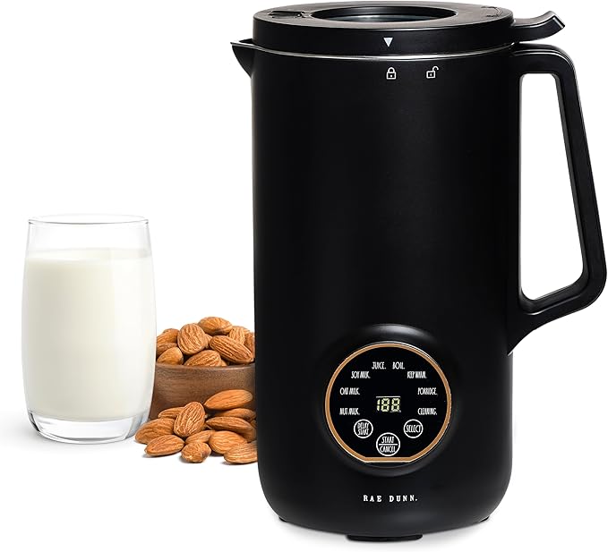 Rae Dunn 8-in-1 Nut &amp Plant Milk Maker – Almond Oat Soy &amp More – 800ml Cold / 700ml Hot – Automatic Delay Start Self-Clean – Includes Stirrer Measuring Cup &amp Brush Black