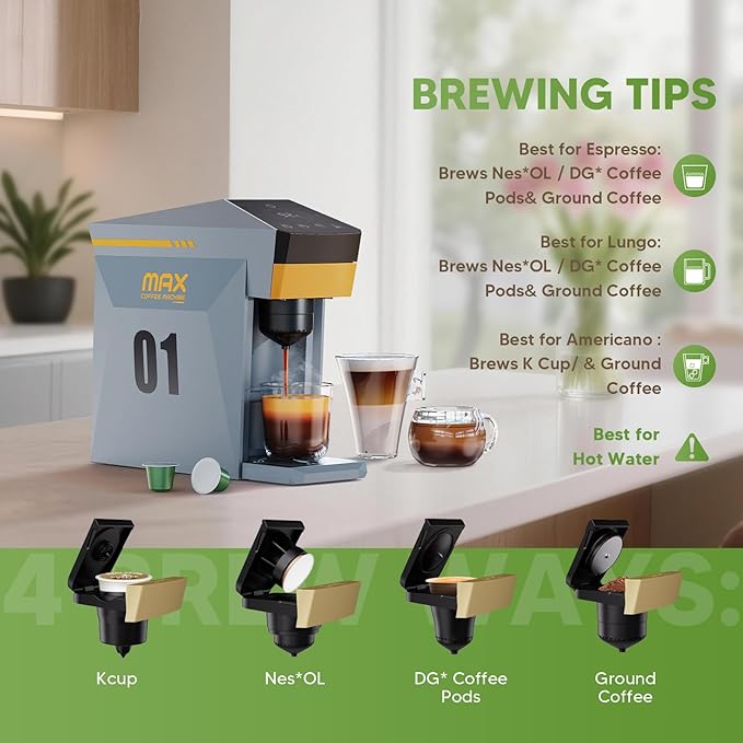 BENFUCHEN 4 in1 Single Serve Coffee Maker 19 Bar Espresso Coffee Machine For KCup/Nespre sso OriginalLine Capsules/Ground Coffee Single Cup Coffee Brewer 1400W Fast Brew in 1 Minute Cloud Gray