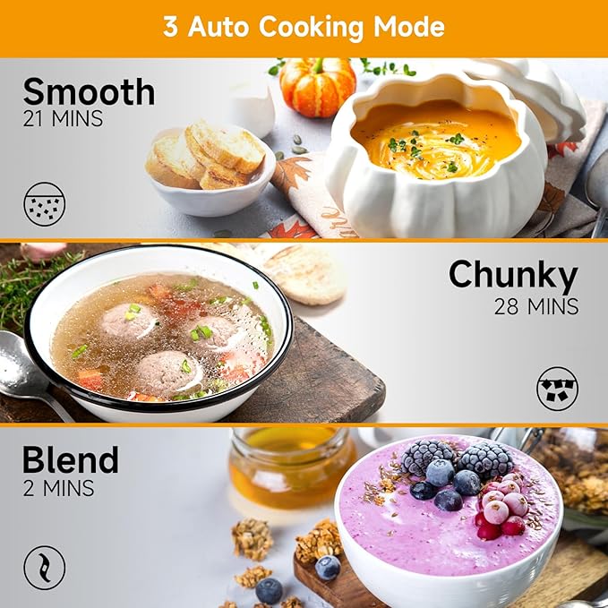 Homtone 1.6L Soup Maker Stainless Steel Soup Making Machine with Smooth &amp Chunky Settings Anti-Dry Burn Overfill Sensors Self-Cleaning Mode for Quick Soups Baby Food
