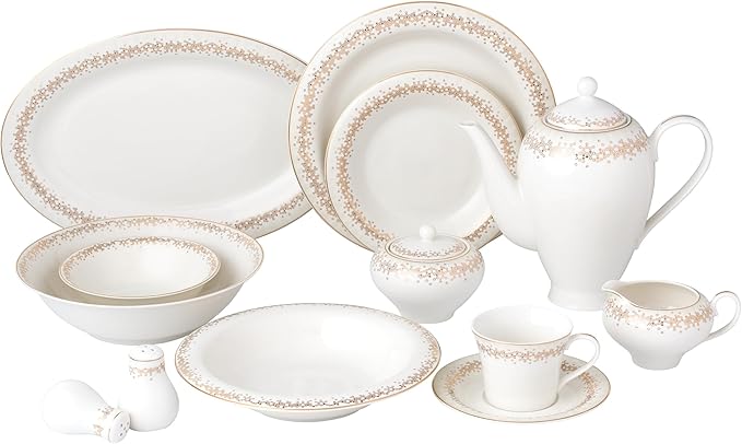Lorren Home Trends Bone China Dinnerware Set White with Gold Design Border Formal Dining Collection Service for 8 57 Piece