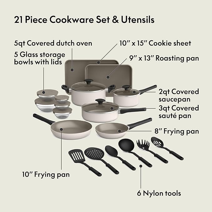 bella 21 Piece Kitchen Set with EverGood™ Ceramic Nonstick Coating Dishwasher &amp Oven Safe All Stovetops Compatible Tempered Glass Lids &amp Cool Touch Handles Oatmilk