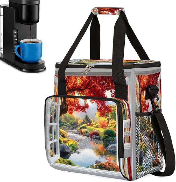 Window Scenery Maple Leaves Lake Coffee Maker Carring Bag Travel Carrying Storage Tote Bag Compatible with Keurig K-Mini or K-Mini Plus Portable Single Serve Coffee Brewer Case with Pockets