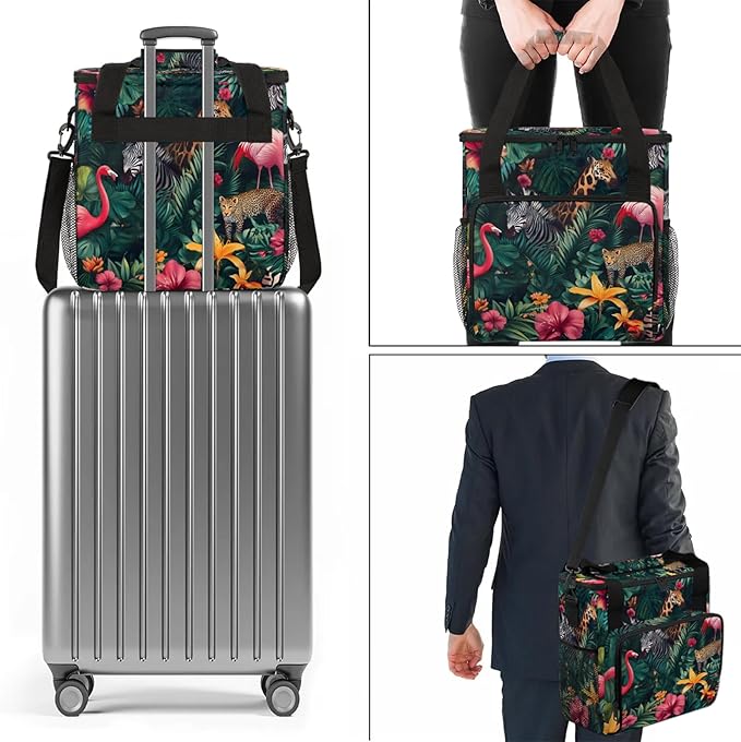 Tropical Animals Coffee Maker Travel Bag Palm Leaves Insulated Grocery Bag Travel Picnic Leakproof Cooler Bags With Shoulder Strap