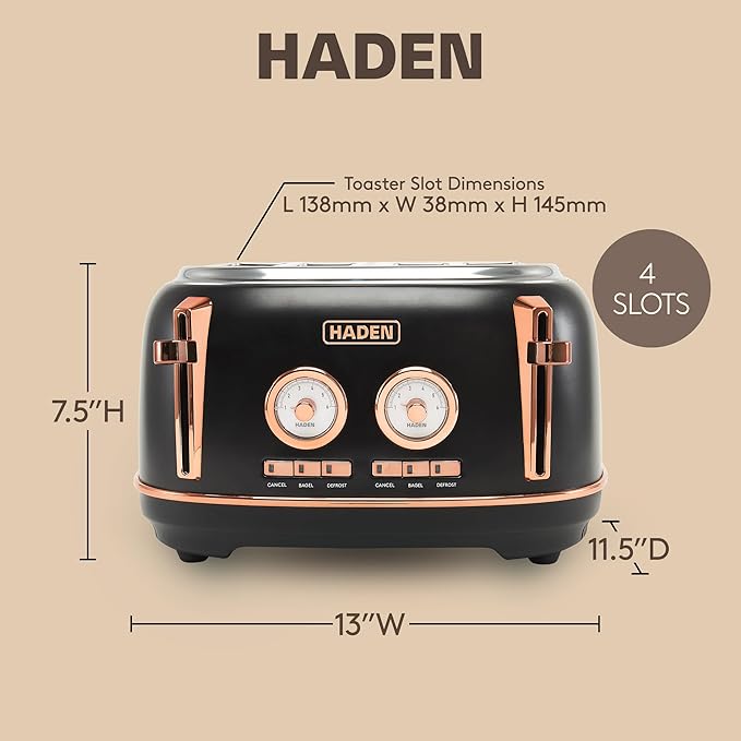 Haden Dorset 4 Slice Wide Slot Stainless Steel Toaster with Adjustable Browning Control &amp Non-Slip Feet Black &amp Copper