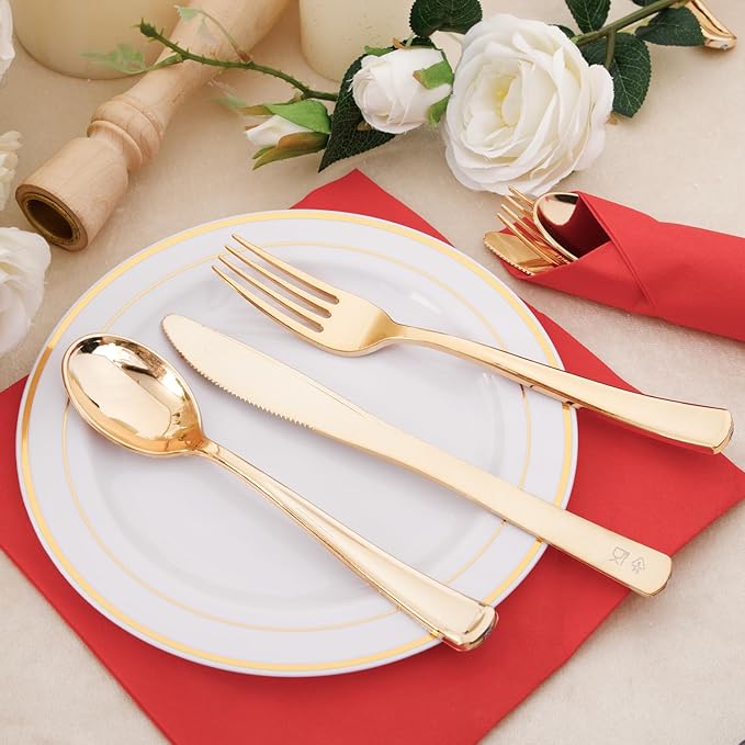 Nervure 400PCS Pre Rolled Gold Plastic Silverware Sets - Heavy Duty Gold Cutlery - Include 100 Pack Wrapped Disposable Utensils with Red Napkins for Christmas &amp Party &amp Wedding