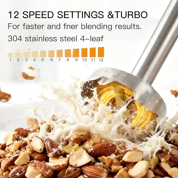 3-in-1 Immersion Hand Blender Powerful MOTOR 12-Speed Stick Blender with Sturdy Titanium Plated Stainless Steel Blades