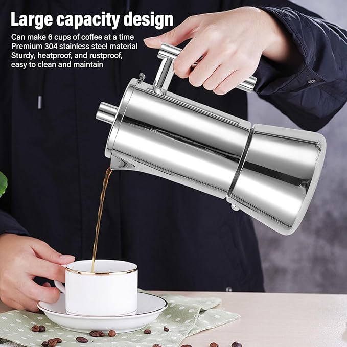 ANGGREK Stovetop Coffee Maker 6 Cup Italian Coffee Pot 304 Stainless Steel Induction Compatible for Home Party Gathering and Camping
