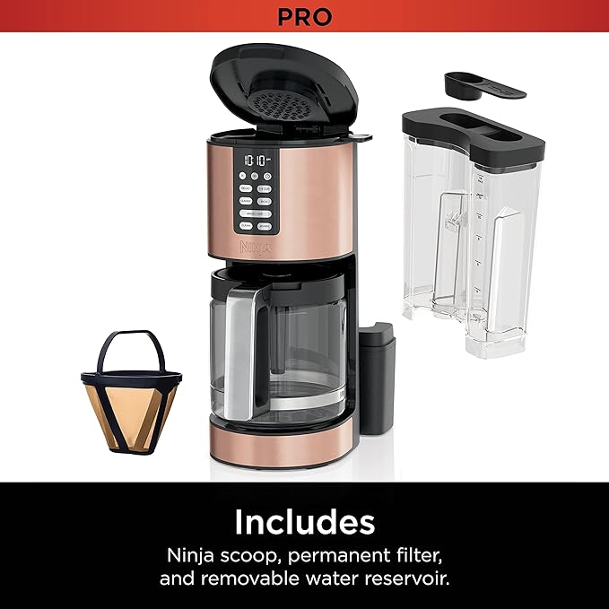 Ninja Programmable XL 14-Cup Coffee Maker PRO with Permanent Filter 2 Brew Styles Classic &amp Rich Delay Brew Freshness Timer &amp Keep Warm Dishwasher Safe Copper DCM201CP
