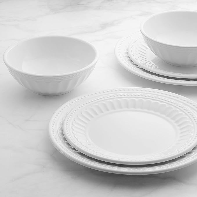 UPware 12 Piece Chateau Melamine Dinnerware Sets Outdoor Dishes Set Plates and Bowls Sets Service for 4 White