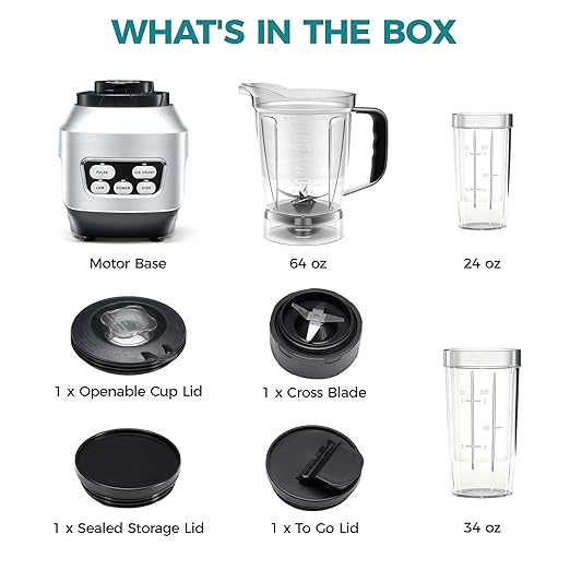 NEWBULIG Smoothie Blender with 6 Blades Countertop Blenders with 24 34 60 oz BPA-Free Cups Large Capacity Portable and Easy Clean for Kitchen Ice Crush Shakes Sauces Juice Silver