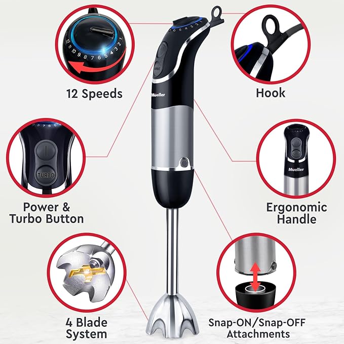 Mueller Multistick 800W 5-in-1 Immersion Blender Handheld 12 Speed Hand Mixer - Turbo Boost Heaviest Duty Copper Motor Titanium Blades Hand Blender Milk Frother Wand Whisk Kitchen Gadgets Black