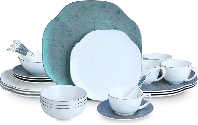 24 Piece Porcelain DinnerwareBone china Set for 4 Plates and Bowls Sets With exquisite Handmade Green FloralHighly Chip and Crack Resistant | Oven &amp Dishwasher (Green + Floral)