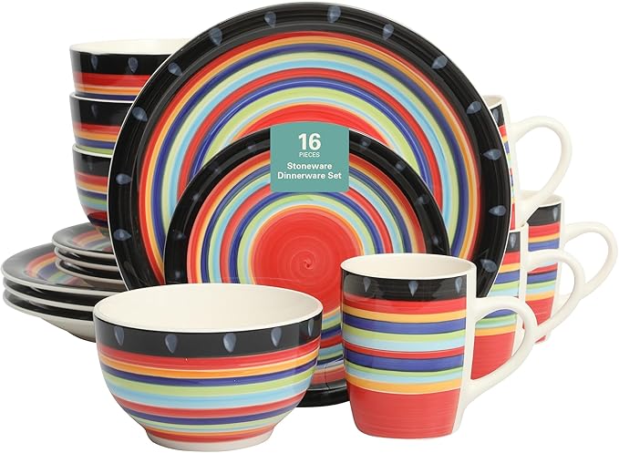 Gibson Home Festival Rings 16-Piece Stoneware Dinnerware Set – Colorful Hand-Painted Plates Bowls &amp Mugs Service for 4 Dishwasher &amp Microwave Safe Vibrant Tableware