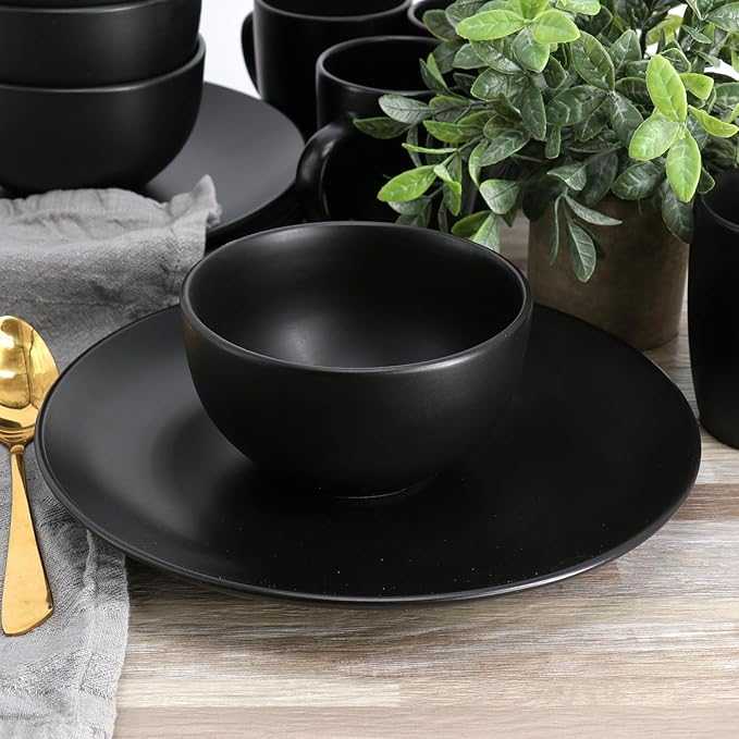 12 Piece Stoneware Dinnerware Set – Round Plates Bowls &amp Mugs for 4 Dishwasher &amp Microwave Safe Modern Matte Finish (Black)