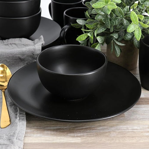 12 Piece Stoneware Dinnerware Set – Round Plates Bowls &amp Mugs for 4 Dishwasher &amp Microwave Safe Modern Matte Finish (Black)