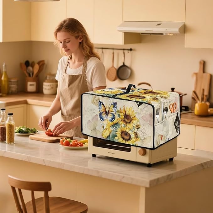 Toaster Oven Dust Cover with Accessory Pockets Neat Storage and Protection with Organizing Side Pockets for Kitchen Toaster Oven Appliances Decor Sunflower Butterfly