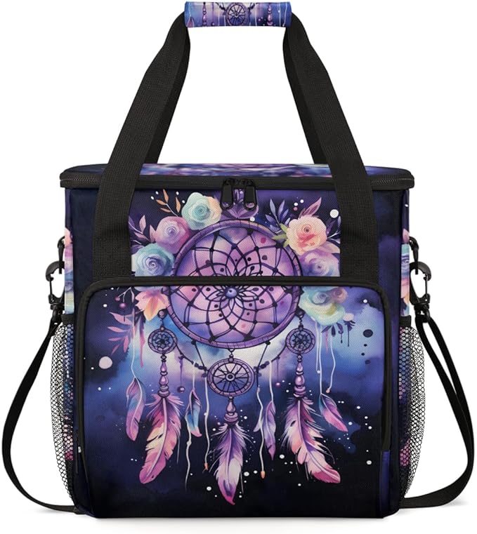 Dream Catcher Coffee Maker Carrying Bag Purple Florals Travel Storage Bag Compatible with K-Mini or K-Mini Plus Single Serve Coffee Brewer Carrying Case with Multiple Pockets &amp Shoulder Strap