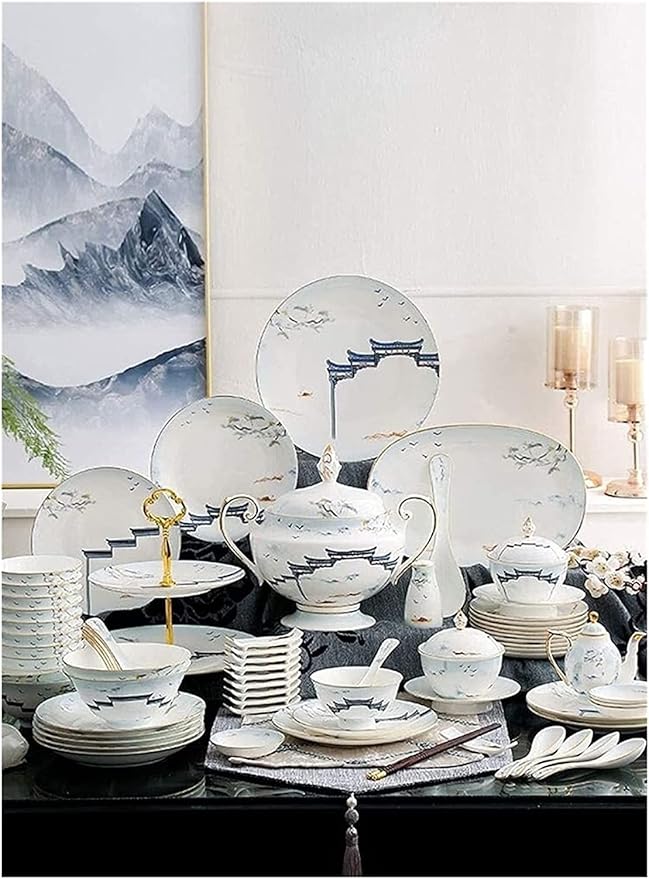 Dinnerware Set Dinner Party Tableware Service Set 11/28/50 PCS Chinese Style Dinnerware Set Bone China High-Value Tableware Bowl and Plate Set Home Gi