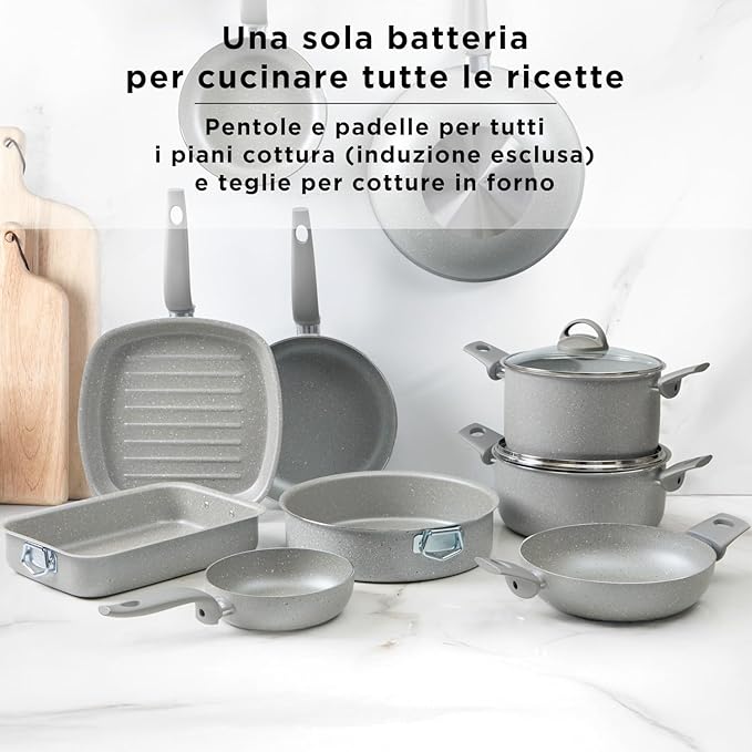 12Pcs Cookware set Made in Italy pots and pans set Nonstick kitchen set Greblon nonstick coating Healthy &amp PFOA/GenX-free Oven-safe baking pans Grey (12 Piece)